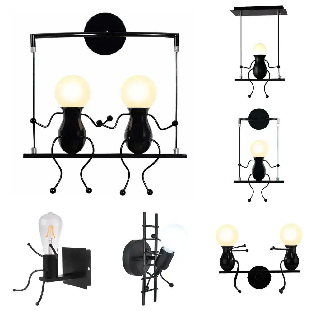 Modern black little man led wall light bedroom figurine sconce