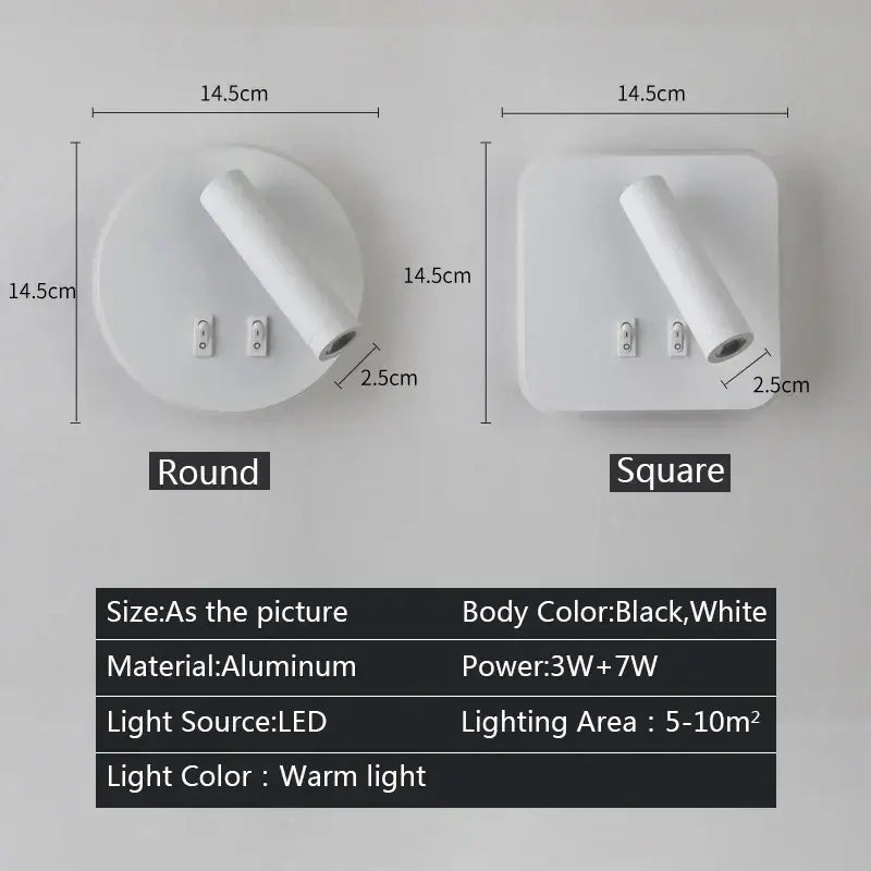 Modern black square led wall lamp bedroom reading light