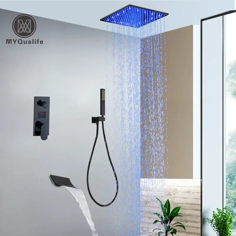 Modern black square shower faucet set bathroom led rainfall head