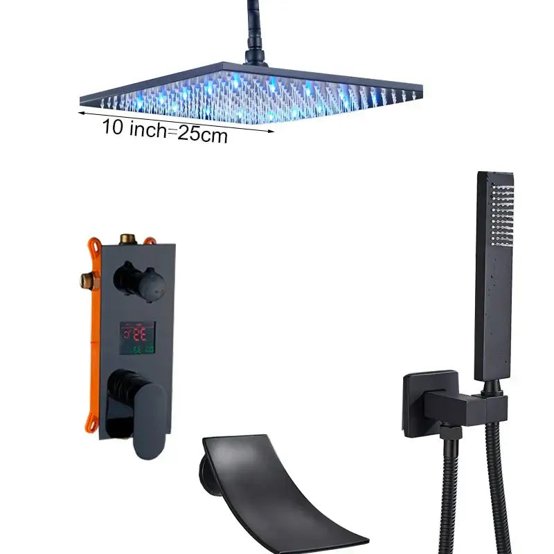 Modern black square shower faucet set bathroom led rainfall head