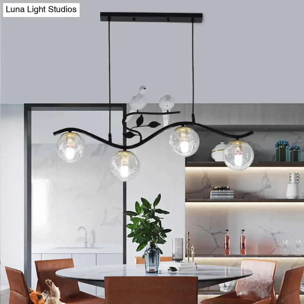 Modern black wavy branch 4-light dining room hanging lamp bird deco