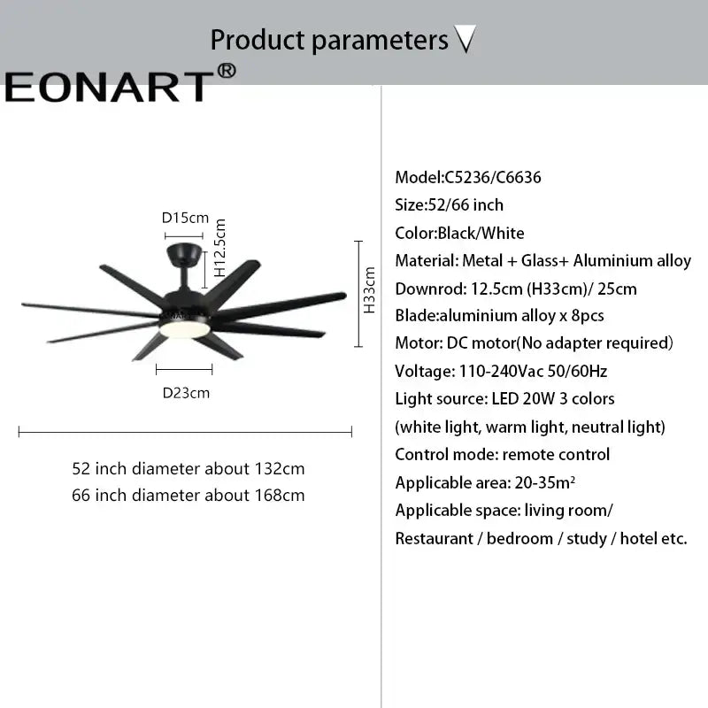 DecorBites™ 66" DC Ceiling Fan with Remote Control, Modern Aluminum 8-Blade LED Light