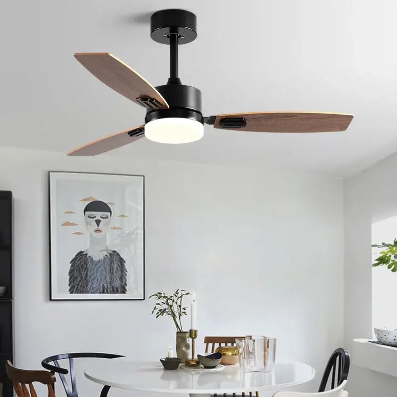 Modern black & wood blade ceiling fan with led light for living room
