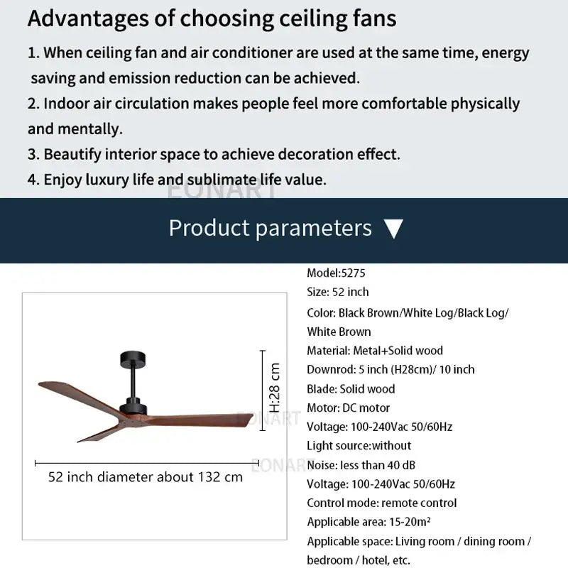 DecorBites™ Black Wooden Ceiling Fan Modern Solidwood Remote Control 52" No Light