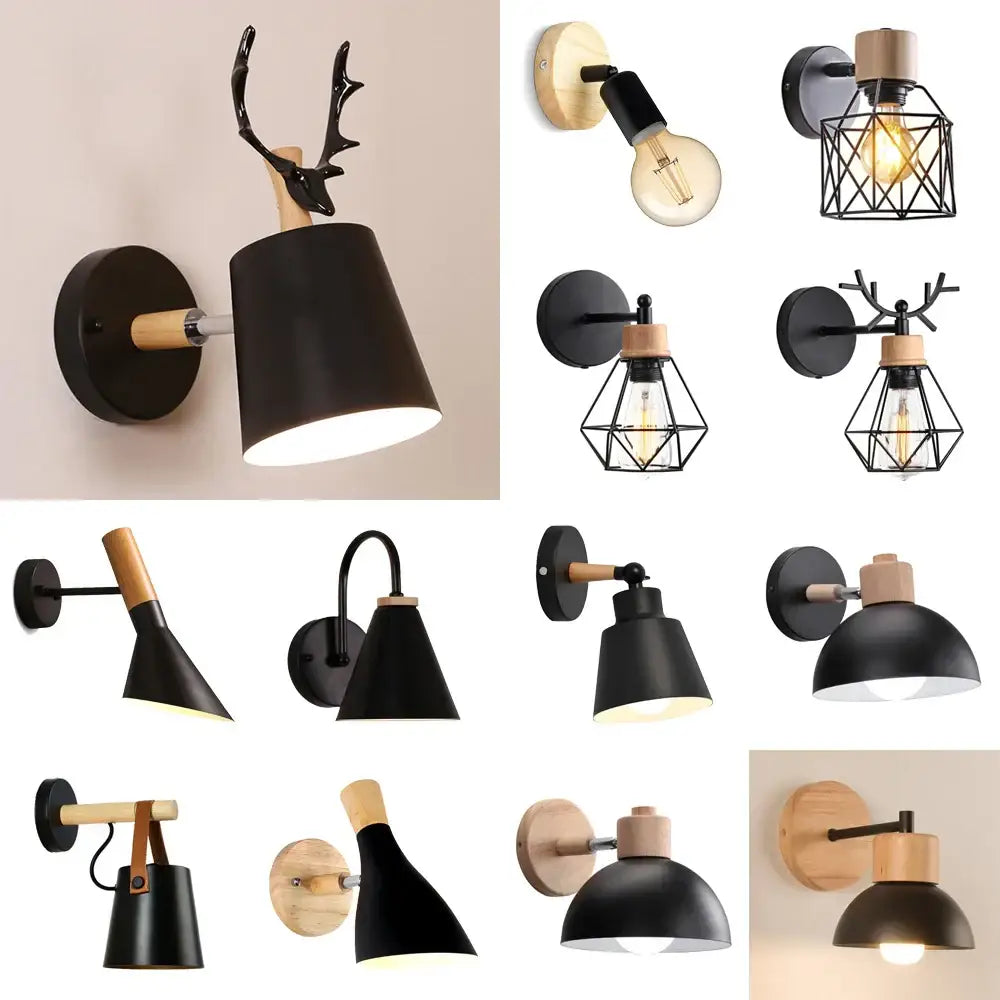 DecorBites™ Black Wooden Wall Light Modern E27 LED Sconce Living Room Decor
