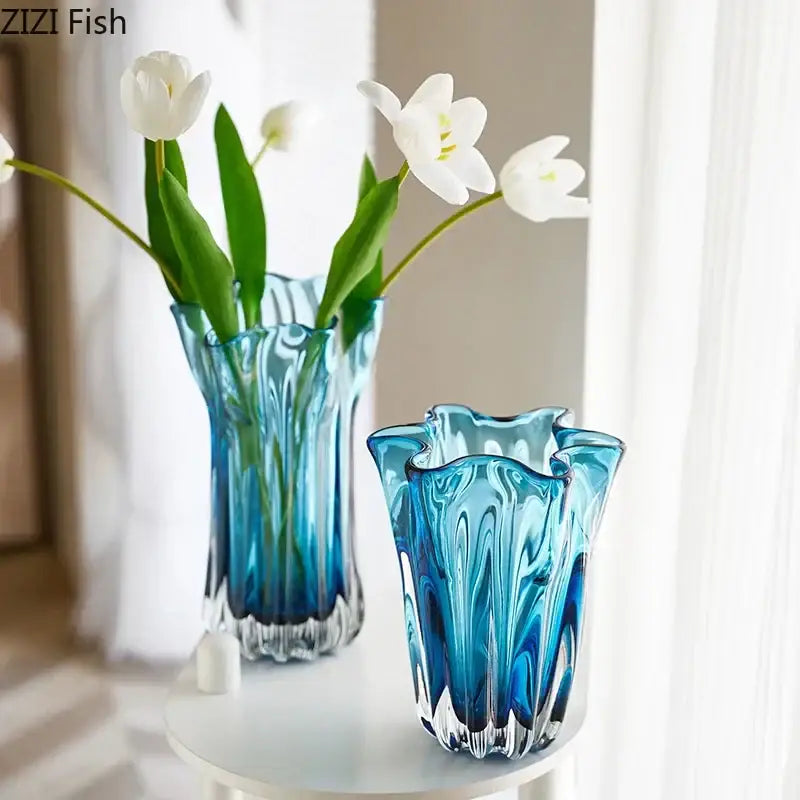 DecorBites™ Blue Glass Hydroponic Vase: Modern Desk Floral Decor & Room Aesthetic