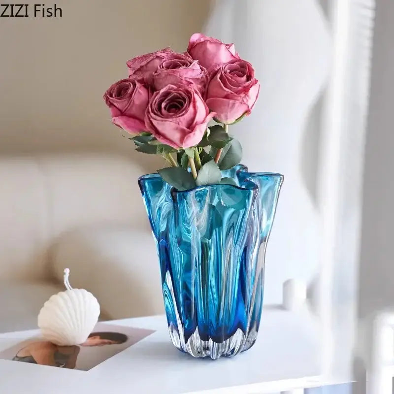 DecorBites™ Blue Glass Hydroponic Vase: Modern Desk Floral Decor & Room Aesthetic