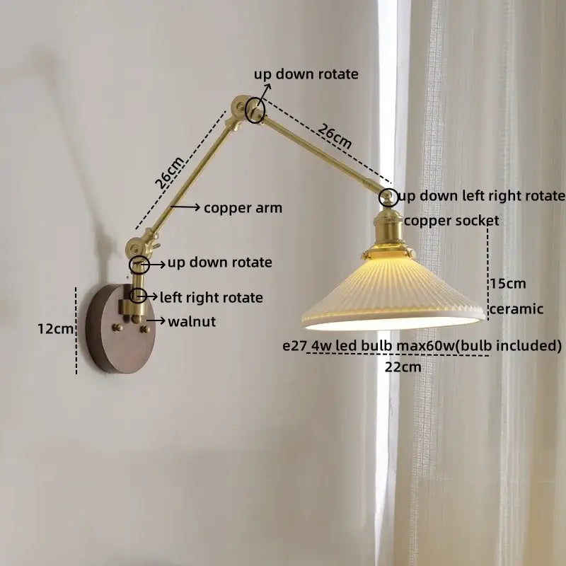 Modern brass and ribbed glass led wall lamp bedroom pull chain light