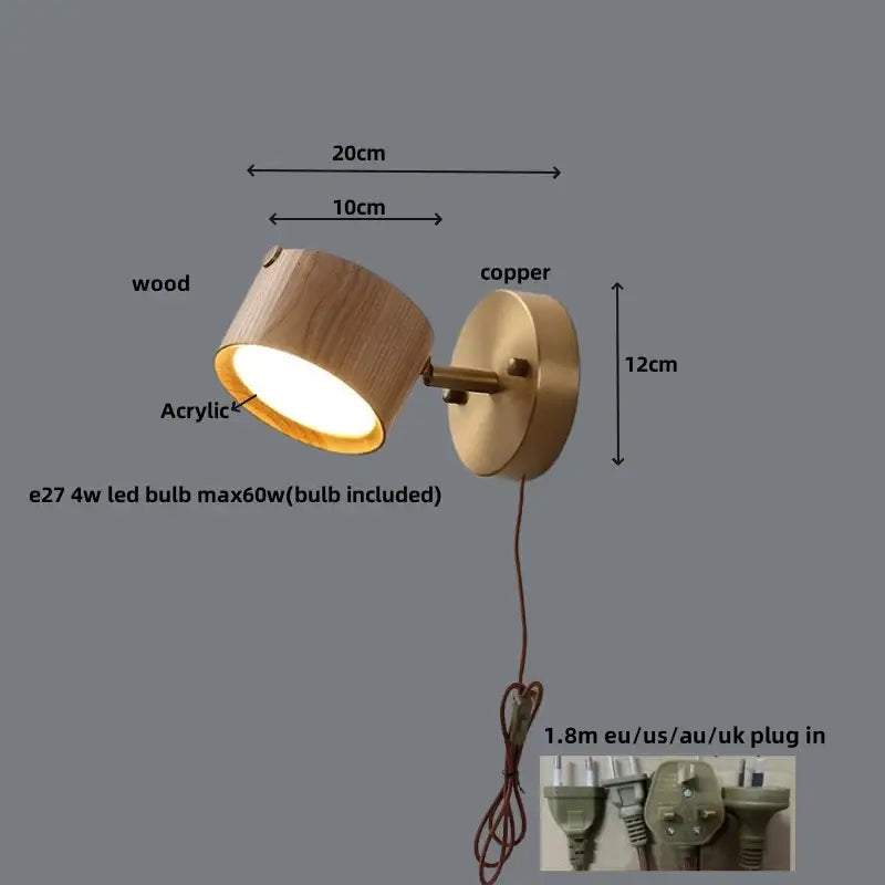 Modern brass and wood base wall sconce for living room spotlight