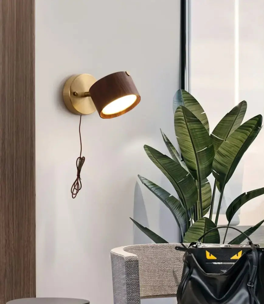 Modern brass and wood base wall sconce for living room spotlight
