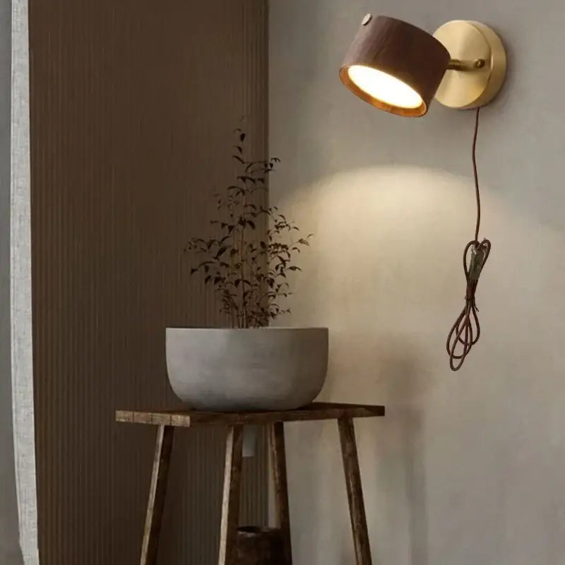 Modern brass and wood base wall sconce for living room spotlight