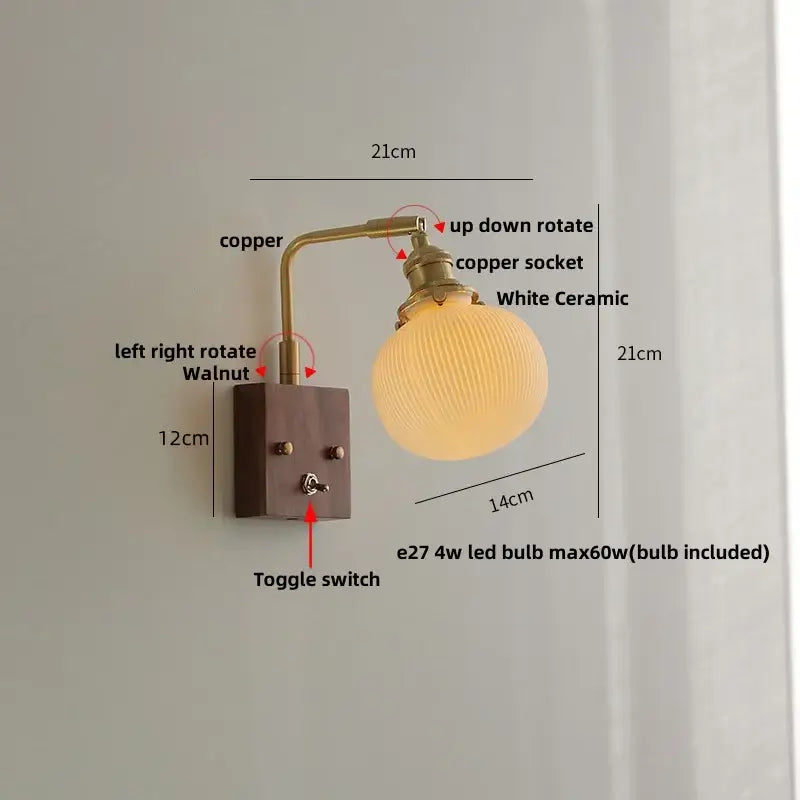 Modern brass and wood wall light fixture bedroom ribbed glass sconce