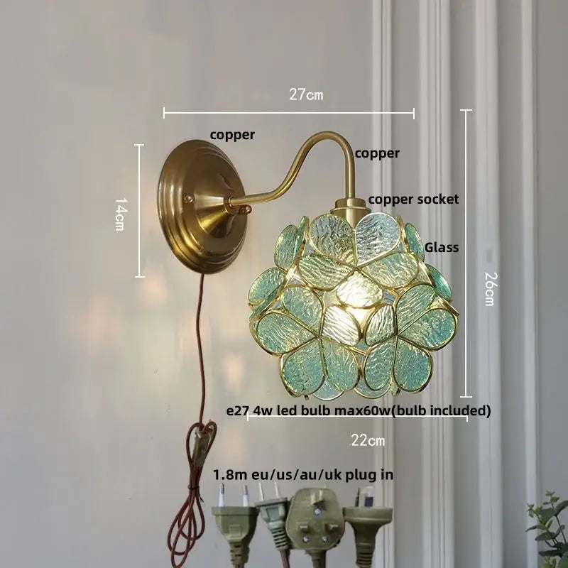Modern brass butterfly wall sconce bedroom pink & blue glass light