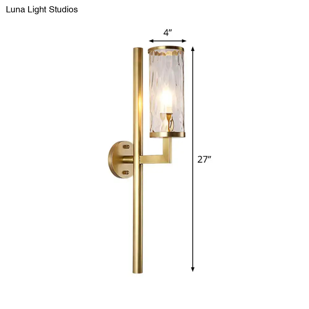 Modern brass cylinder sconce with clear water glass bedroom wall lamp