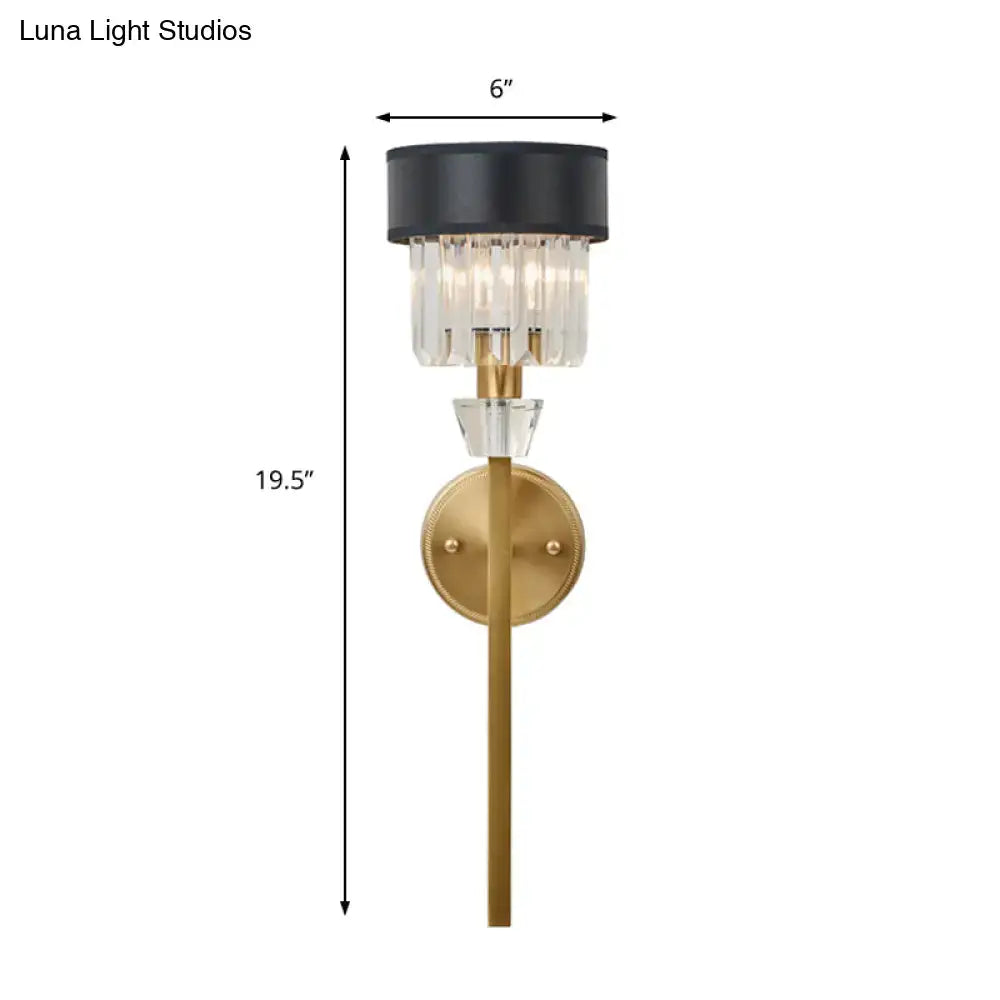 DecorBites™ Stylish 1-Light Crystal Wall Sconce with Fabric Shade and Brass Cylinder - Modern Wall Mount Light