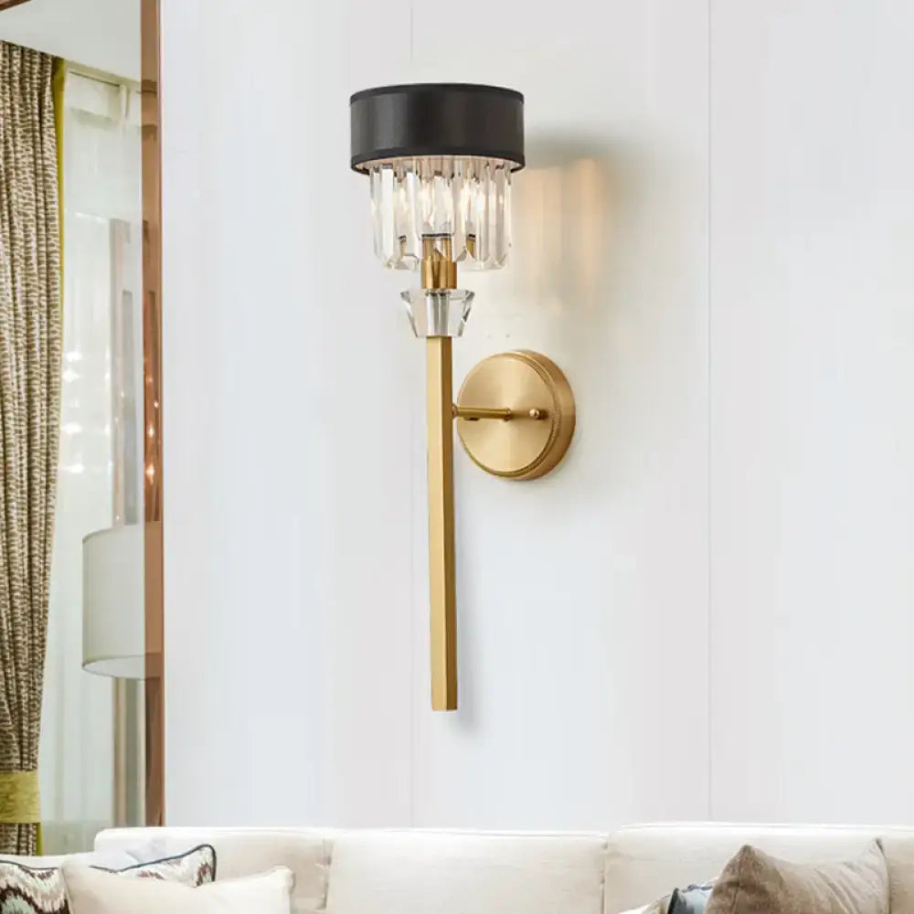 DecorBites™ Stylish 1-Light Crystal Wall Sconce with Fabric Shade and Brass Cylinder - Modern Wall Mount Light