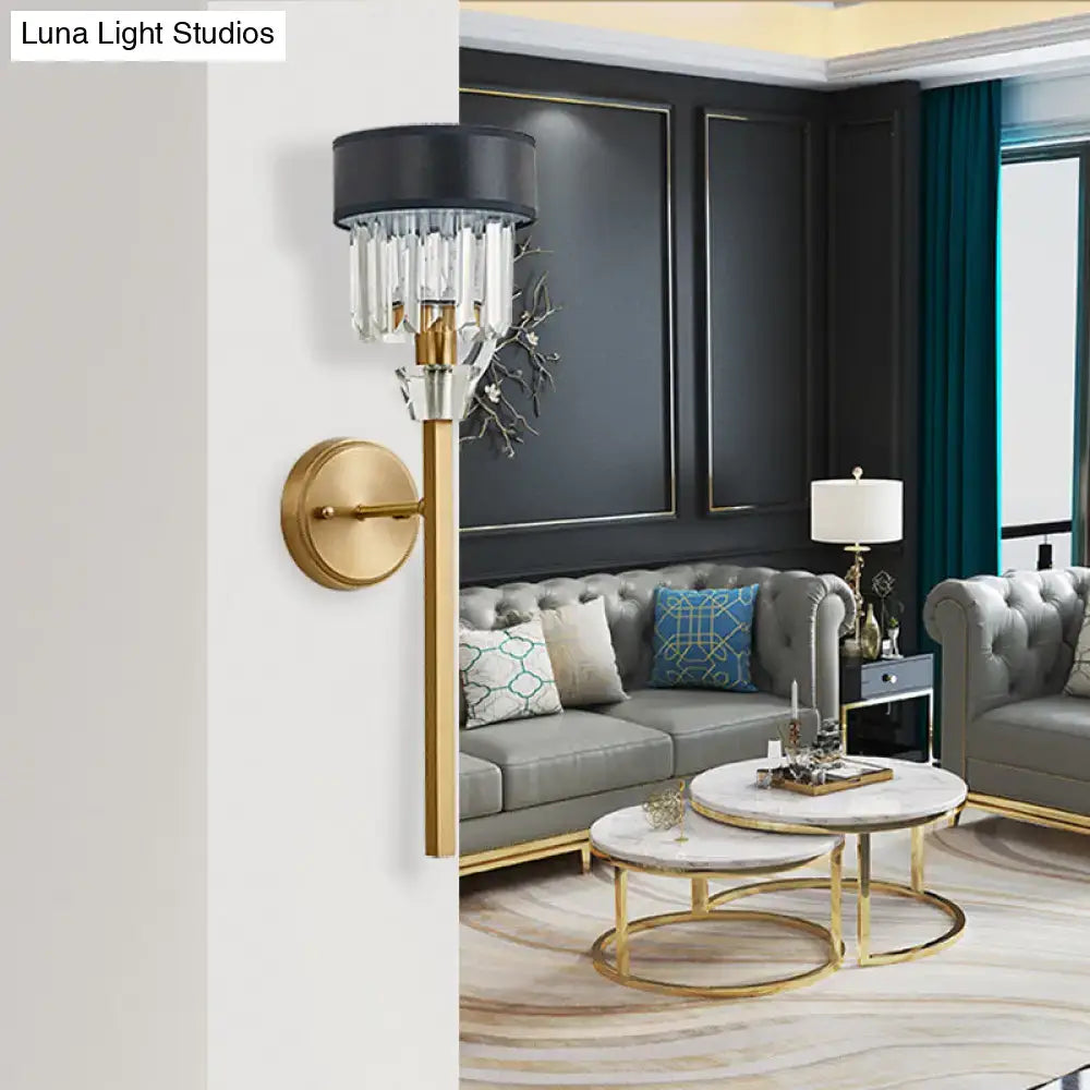 DecorBites™ Stylish 1-Light Crystal Wall Sconce with Fabric Shade and Brass Cylinder - Modern Wall Mount Light