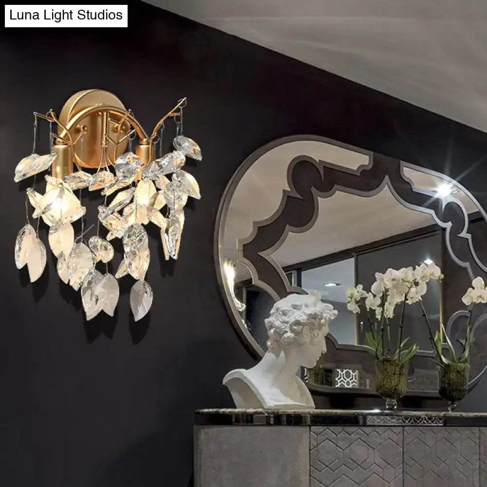 Modern brass finish crystal leaf wall light fixture bedroom sconce