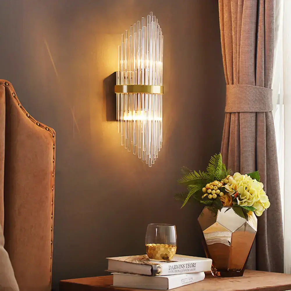 Modern brass fluted glass shade wall sconce bedroom light