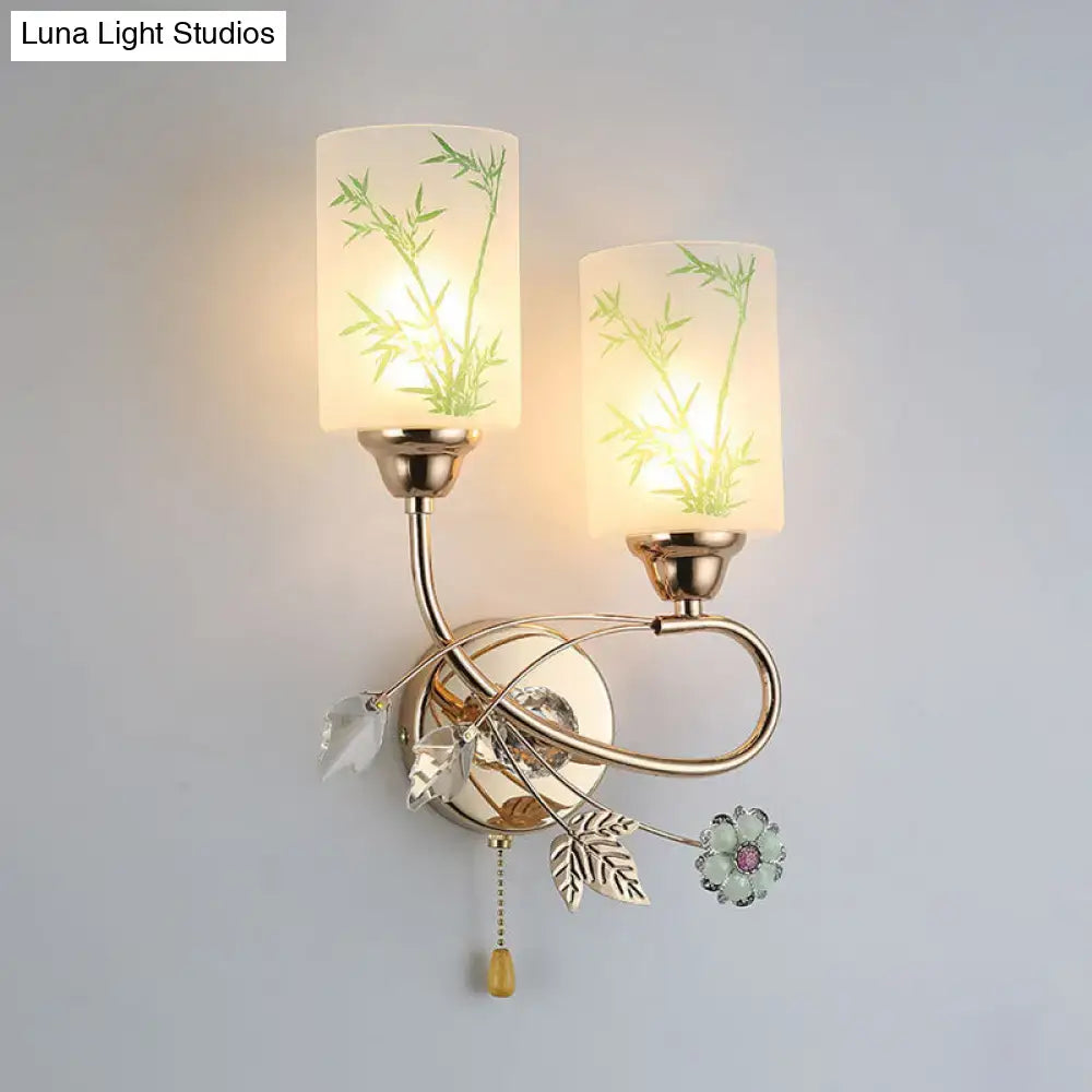 Modern brass glass shade wall lamp with pull chain bedroom sconce