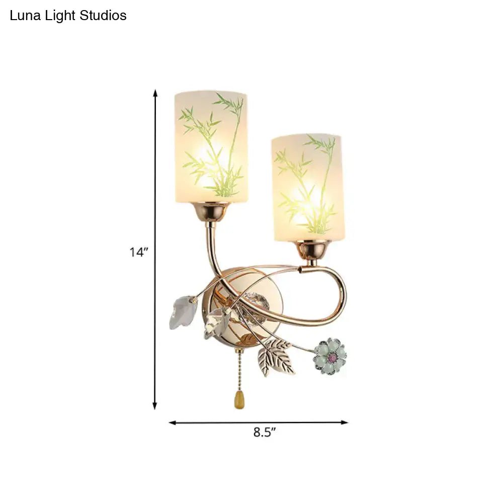 Modern brass glass shade wall lamp with pull chain bedroom sconce