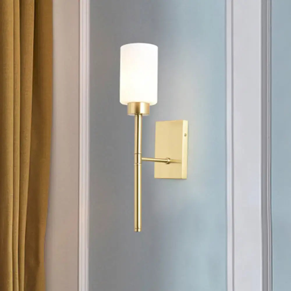 DecorBites™ Modern Opal Glass Tube Sconce - 1 Bulb Wall Light in Brass with Metal Pencil Arm