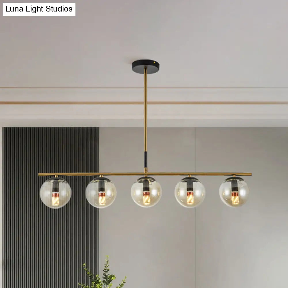 DecorBites™ Modern Brass Pendant Light with 5 Cognac Glass Shades - Linear Dining Room Island Lamp