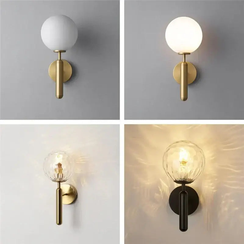 Modern brass wall lights with white & clear glass ball for living room