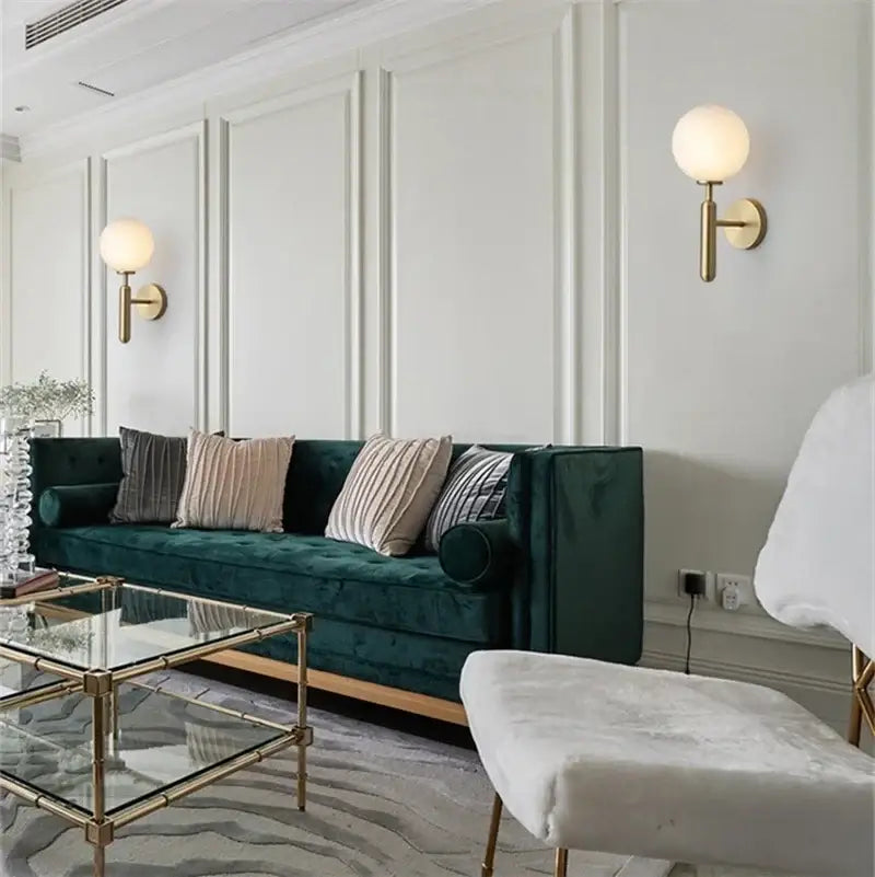 Modern brass wall lights with white & clear glass ball for living room