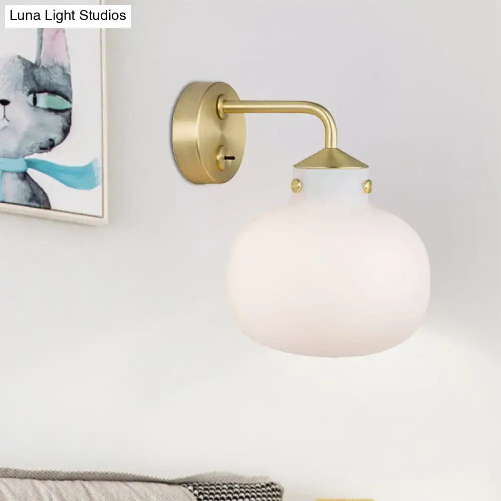 Modern brass wall sconce with oblong milk white glass shade balcony light