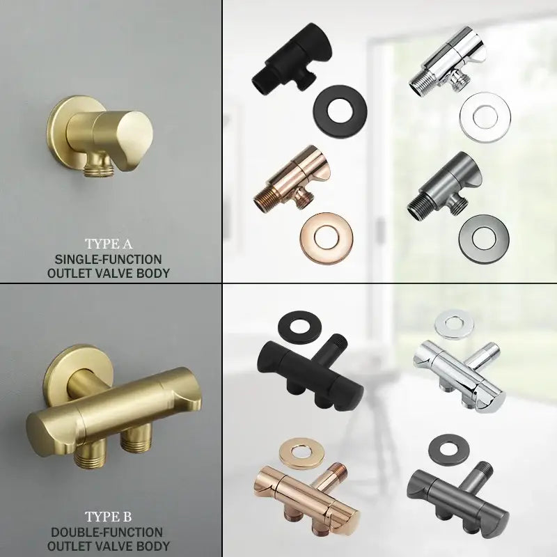 Modern brushed gold angled dual outlet toilet filling valve bathroom