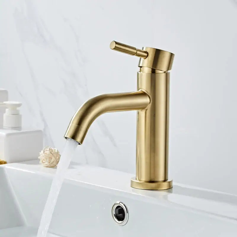 DecorBites™ Brushed Gold Basin Faucet: Solid Brass, Cold Hot Water Mixer, Single Handle