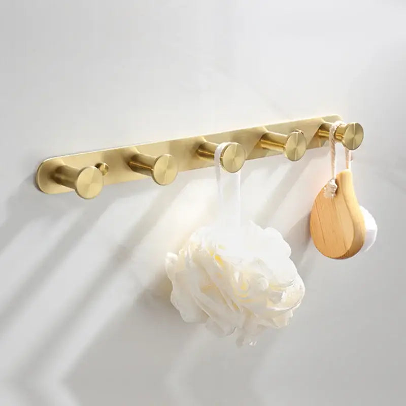 DecorBites™ Brushed Gold Bathroom Accessories Set: Wall Mount Shelf, Toilet Paper Holder, Towel Bar, Robe Hook