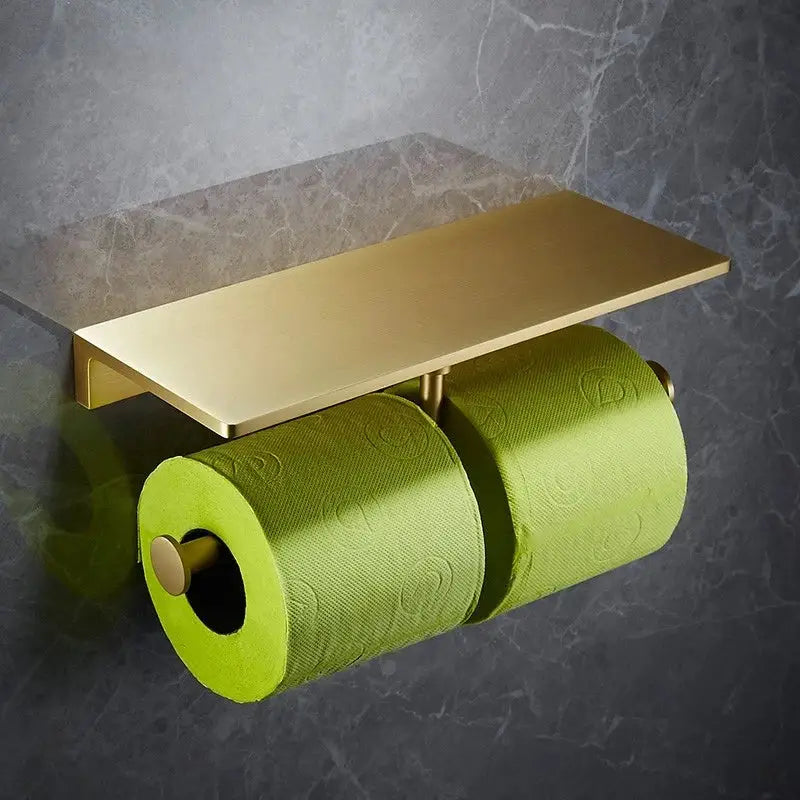 DecorBites™ Brass Bath Hardware Set: Shelf, Towel Rack, Paper & Toilet Brush Holder in Brushed Gold