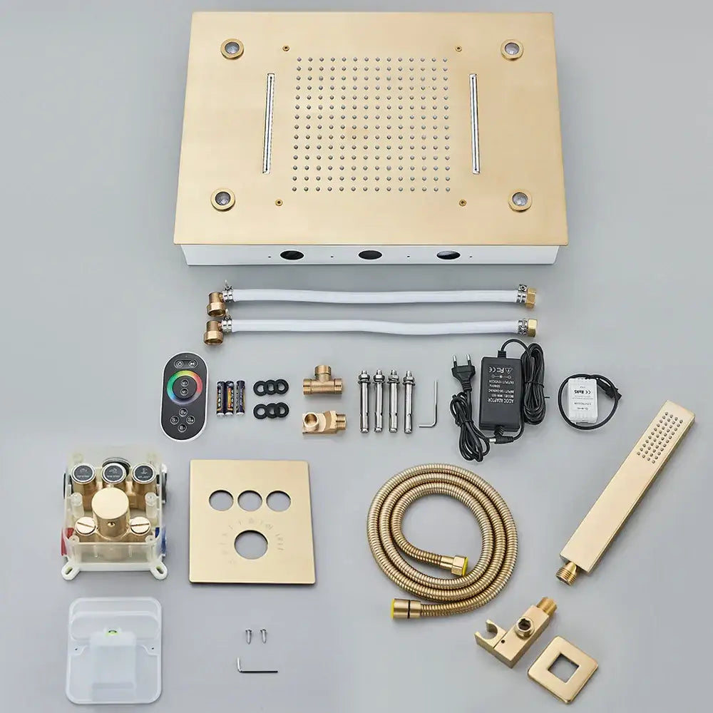 Modern brushed gold rainfall shower set with led bathroom faucet