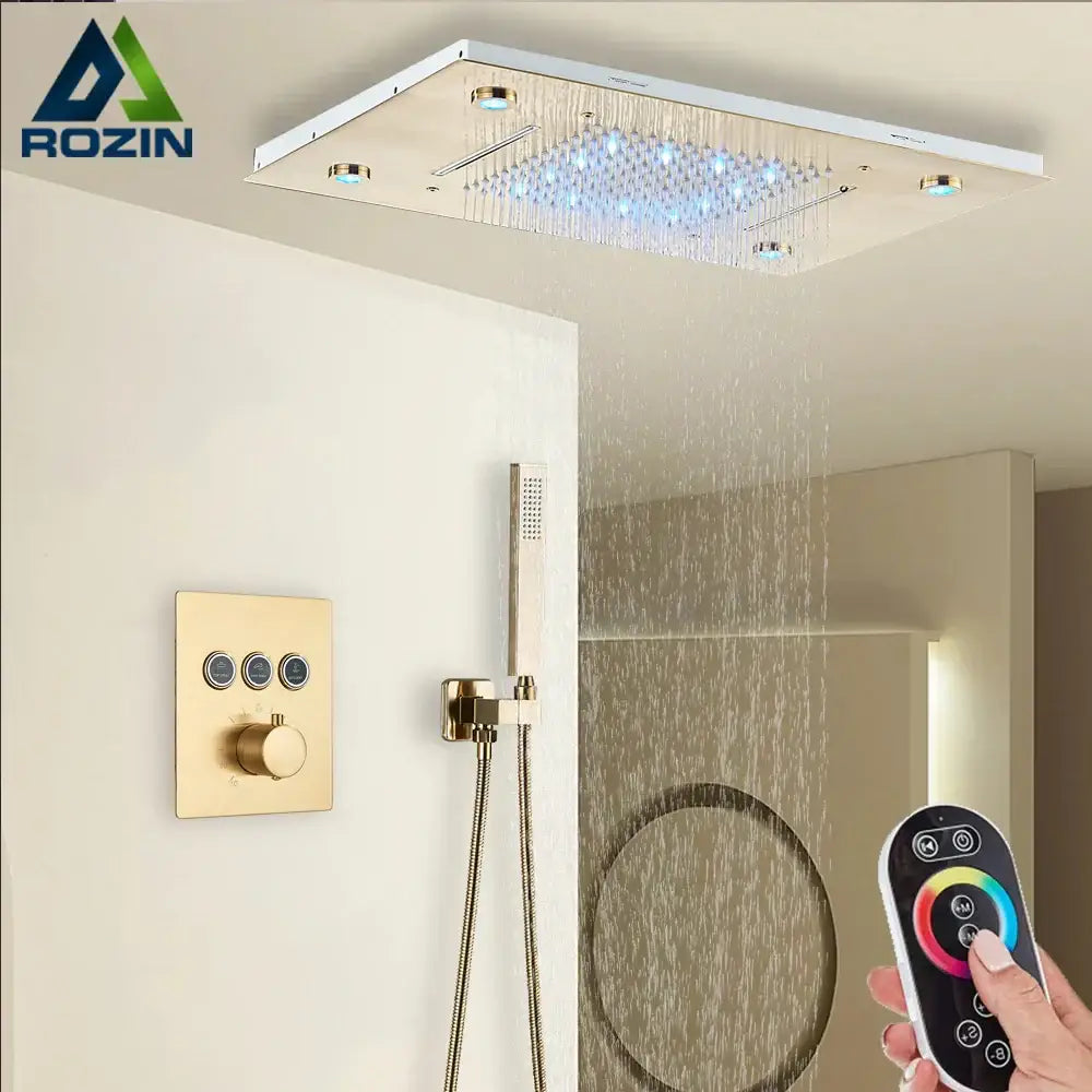 Modern brushed gold rainfall shower set with led bathroom faucet