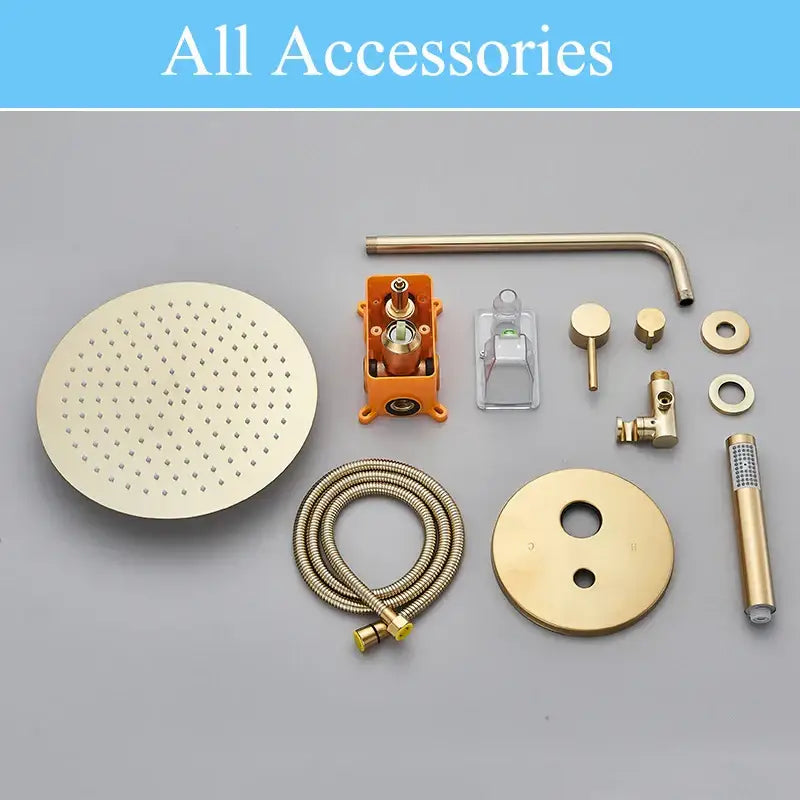 Modern brushed gold shower faucet system with rainfall head for bathroom