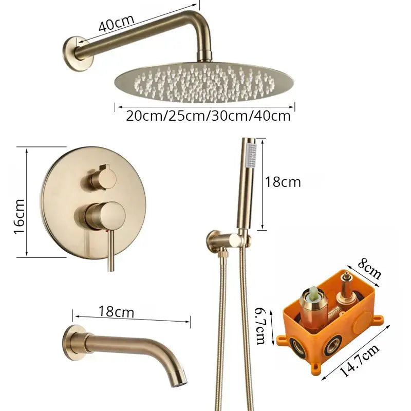 Modern brushed gold shower faucet system with rainfall head for bathroom
