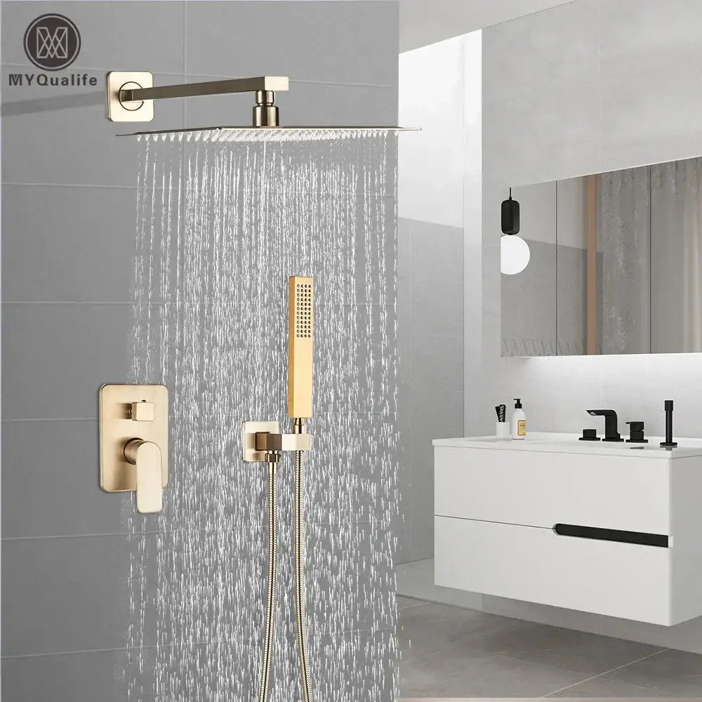 DecorBites™ Brushed Gold Shower Mixer: Wall Mount Rainfall Head, Hand Shower, Rotate Tub Spout