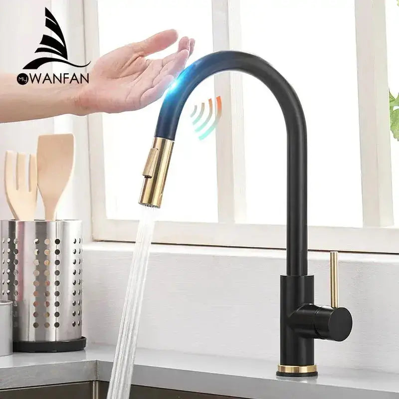 DecorBites™ Brushed Gold Smart Sensor Kitchen Faucet, Dual Outlet, Single Handle