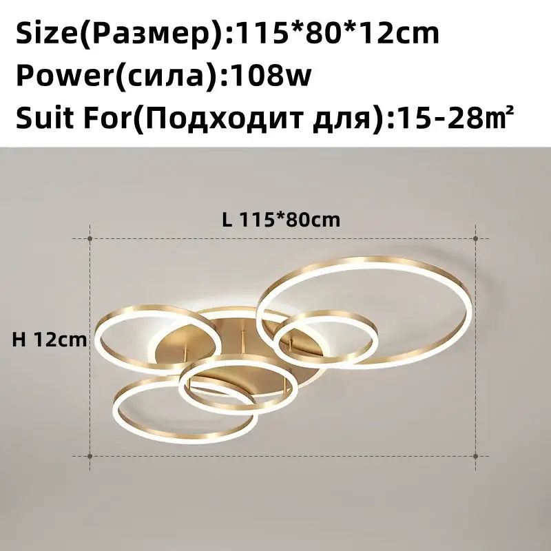 Modern brushed golden led ceiling chandelier for living room rings