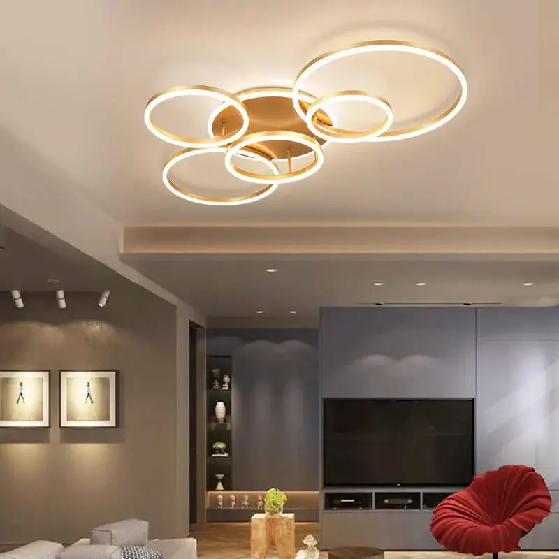 Modern brushed golden led ceiling chandelier for living room rings
