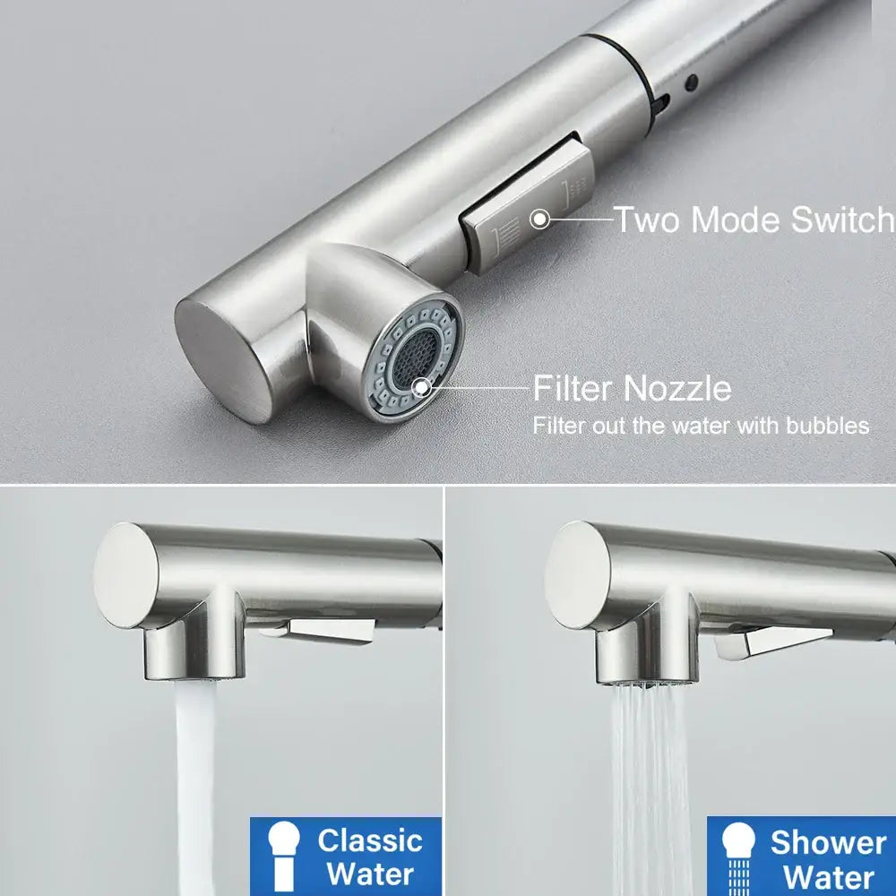 Modern brushed nickel kitchen faucet with dual spray nozzle