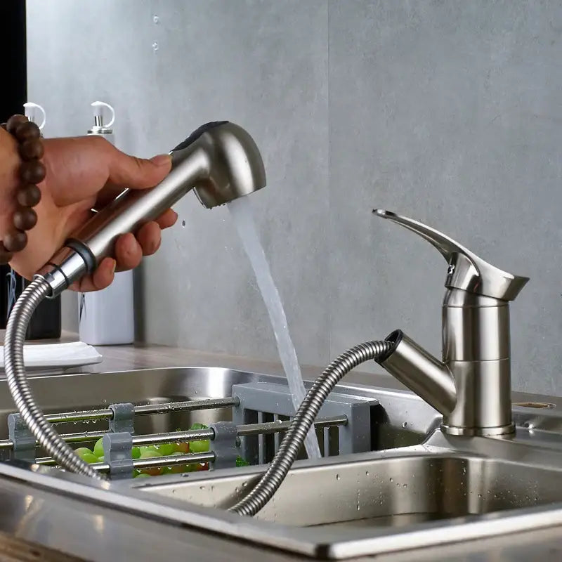 Modern brushed nickel pull down kitchen faucet with single lever handle