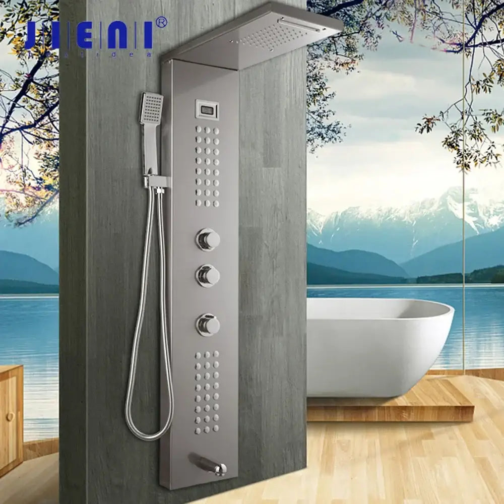Modern brushed nickel shower column with tub spout bathroom system