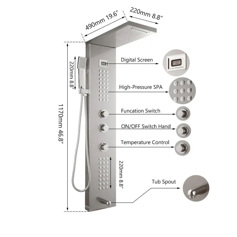 Modern brushed nickel shower column with tub spout for bathroom