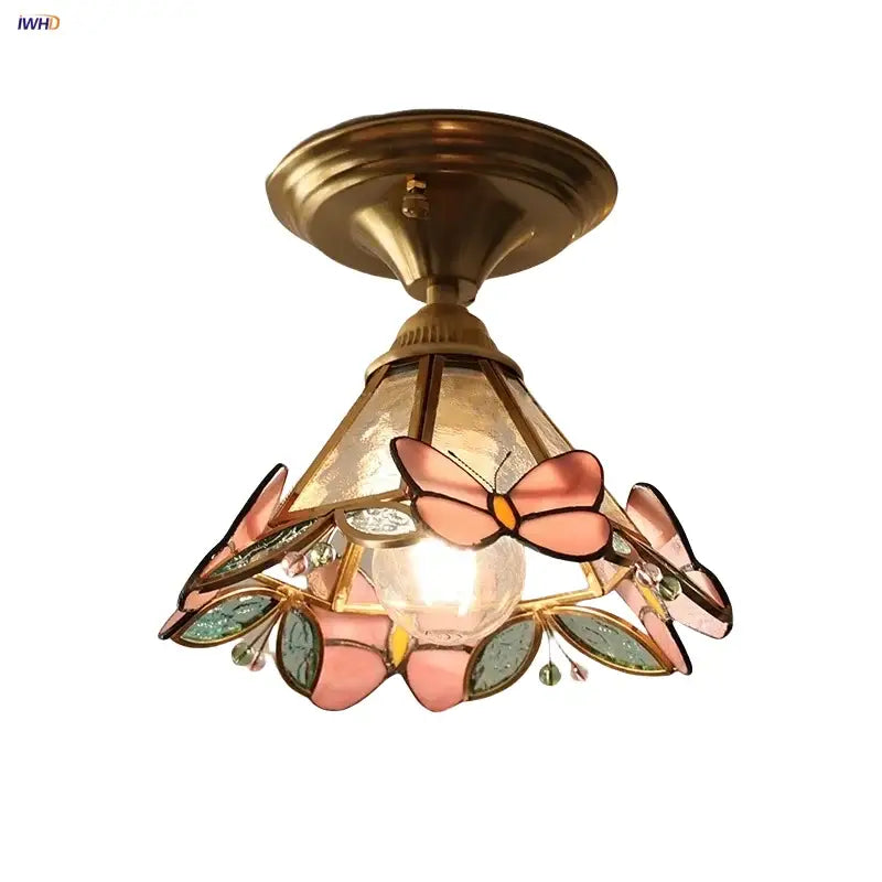 Modern butterfly glass tiffany ceiling light bedroom brass lamp
