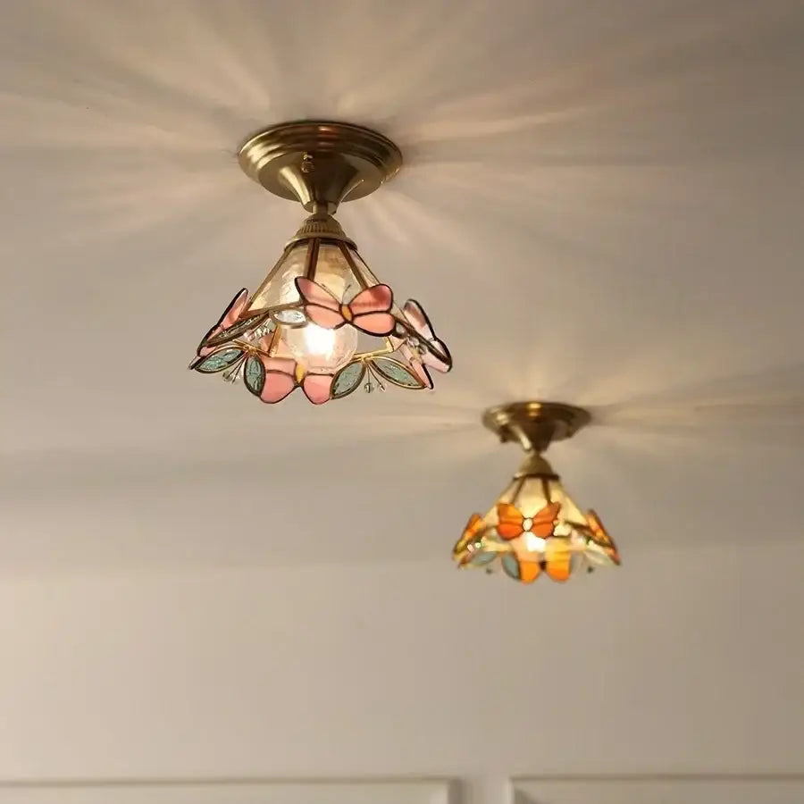Modern butterfly glass tiffany ceiling light bedroom brass lamp