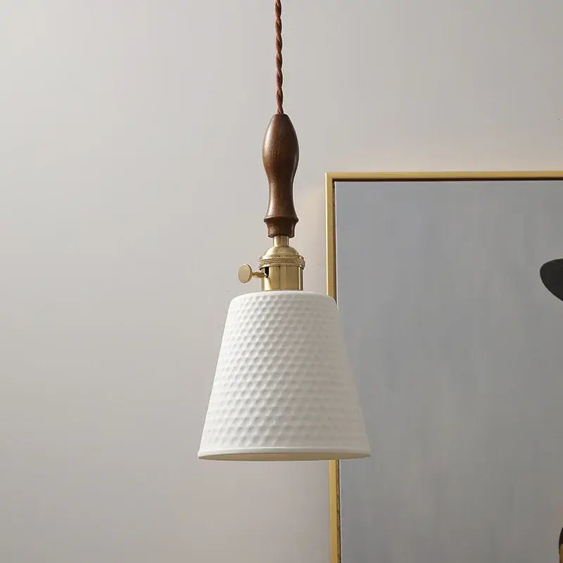 Modern ceramic led pendant light off-white and wood dining room