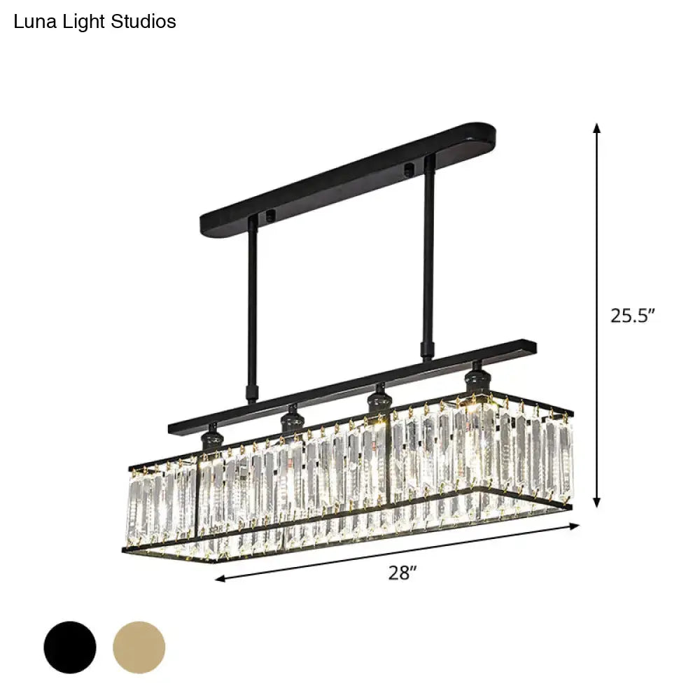 DecorBites™ Sleek 4-Head Island Light: Champagne/Black Rectangle Suspension with Crystal Prisms